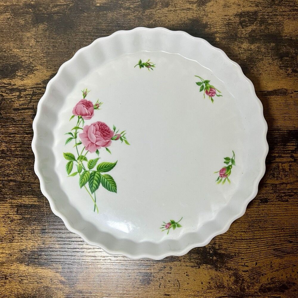 Vintage Christineholm Rose Quiche Flan Pie Dish Porcelain Bakeware Floral